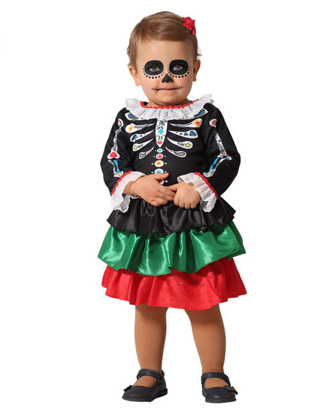 Kostum okostnjaka Dia de los muertos za dojenčka dekle črna s tribarvnim volančastim krilom