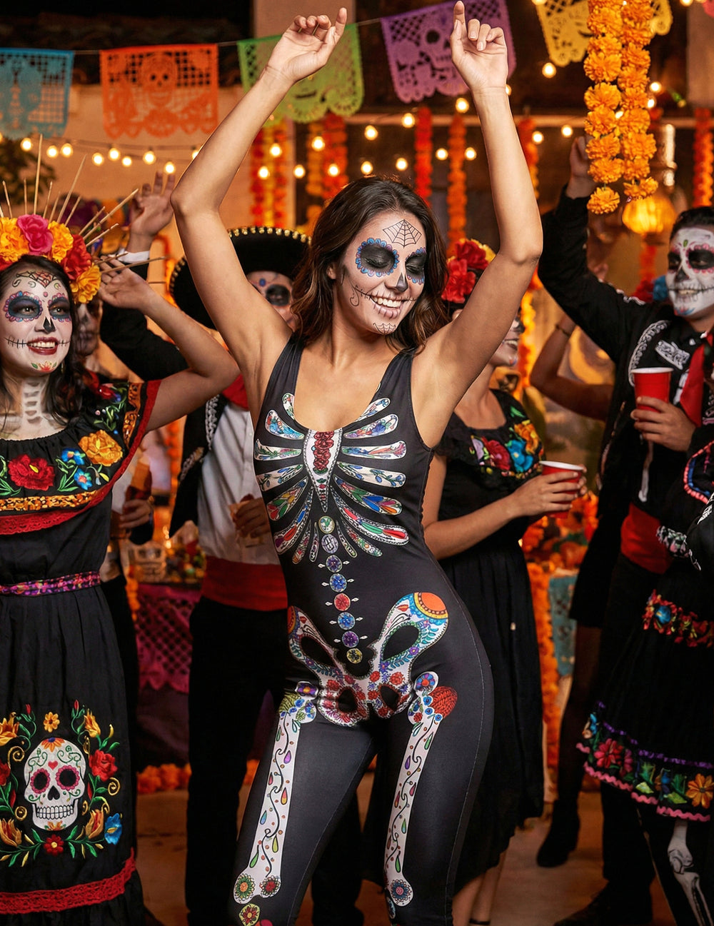 Mise en situation festive du déguisement squelette Dia de los muertos