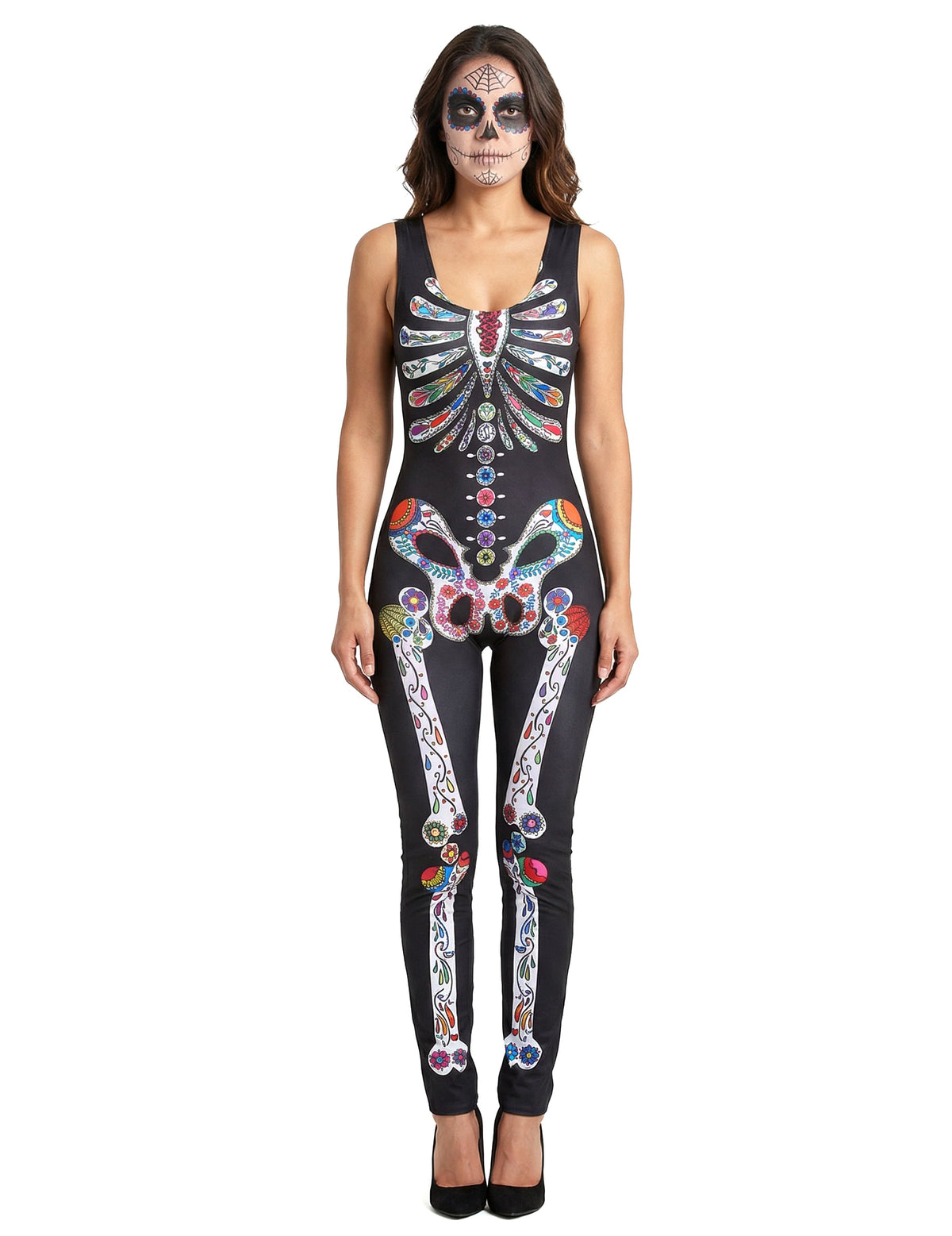 Déguisement squelette Dia de los muertos pour femme noir aux motifs colorés