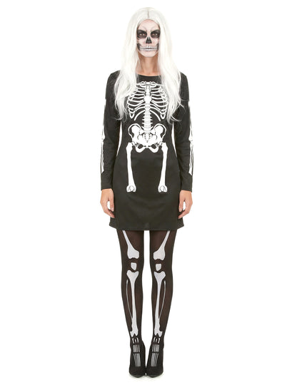 Déguisement squelette pour femme noir et blanc avec robe et collants