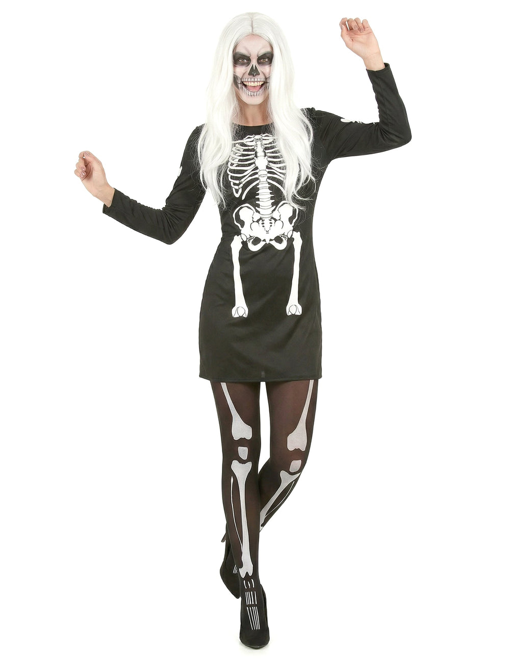 Vue de face du déguisement squelette pour femme
