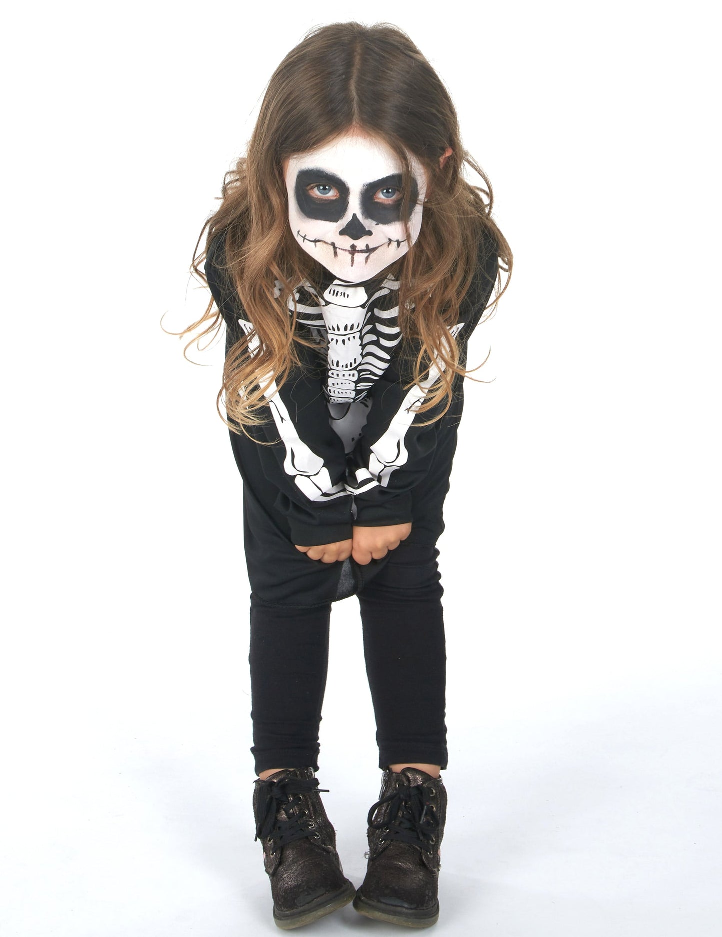 Vue de face penchée en avant du déguisement squelette Halloween pour fille