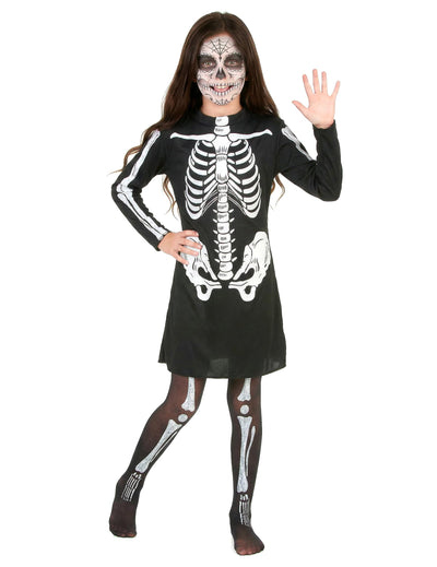 Déguisement de squelette Halloween pour fille noir et blanc avec robe et collants
