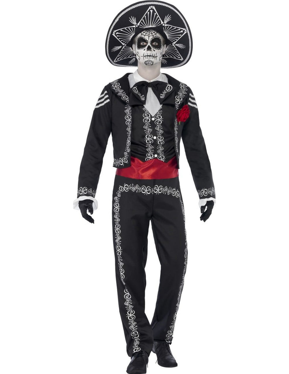Déguisement squelette mexicain Dia de los muertos pour homme noir et blanc avec sombrero et ceinture rouge