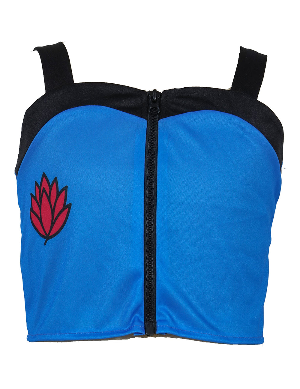 Détail du crop top zippé bleu du déguisement star de Kpop