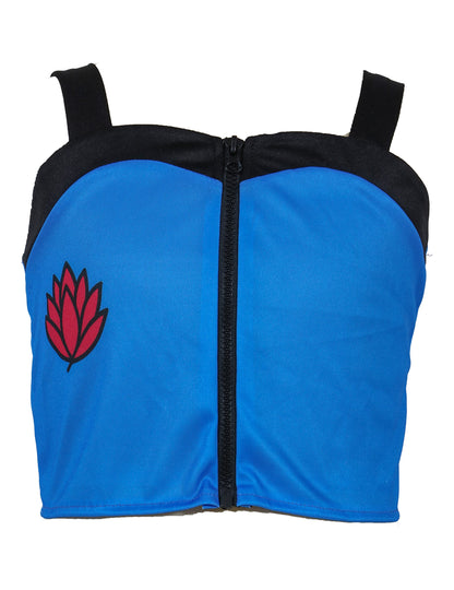 Détail du crop top zippé bleu du déguisement star de Kpop