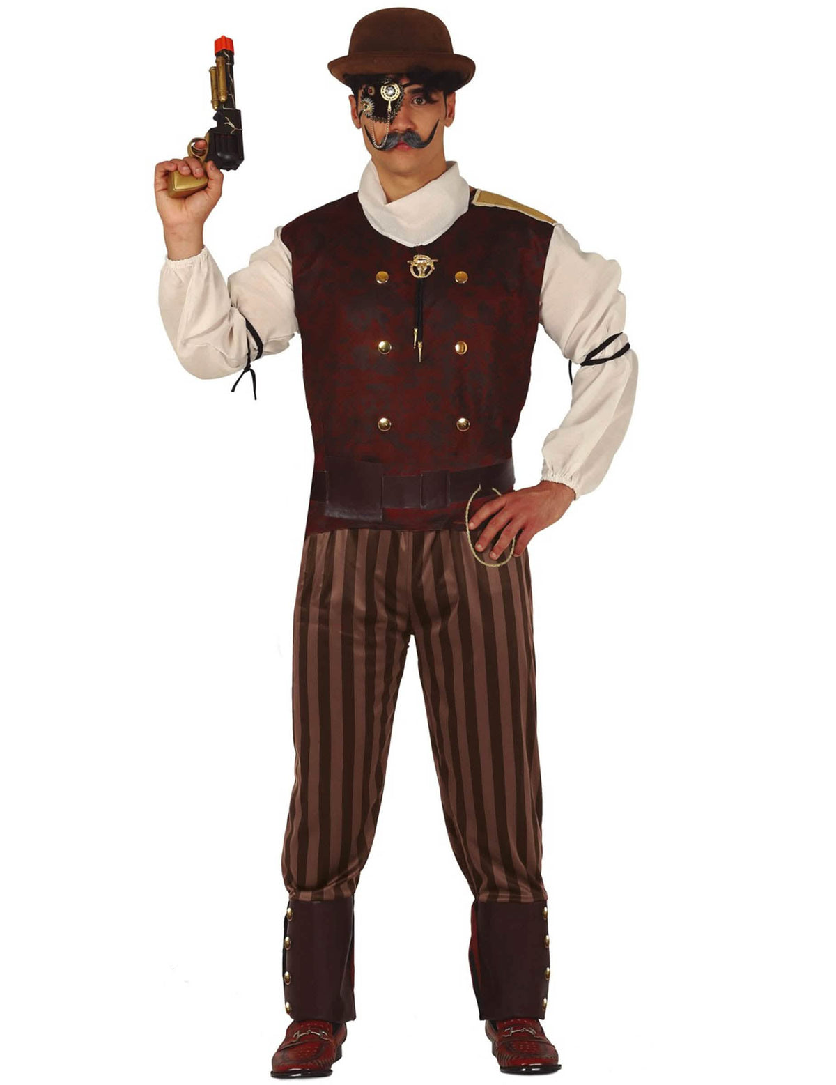 Steampunk kostum za moškega v rjavi in bordo barvi s črtastimi hlačami