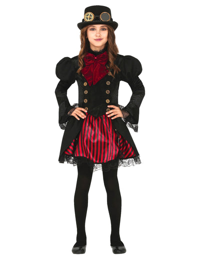 Déguisement Steampunk rouge glamour pour fille noir et rouge avec chapeau haut-de-forme