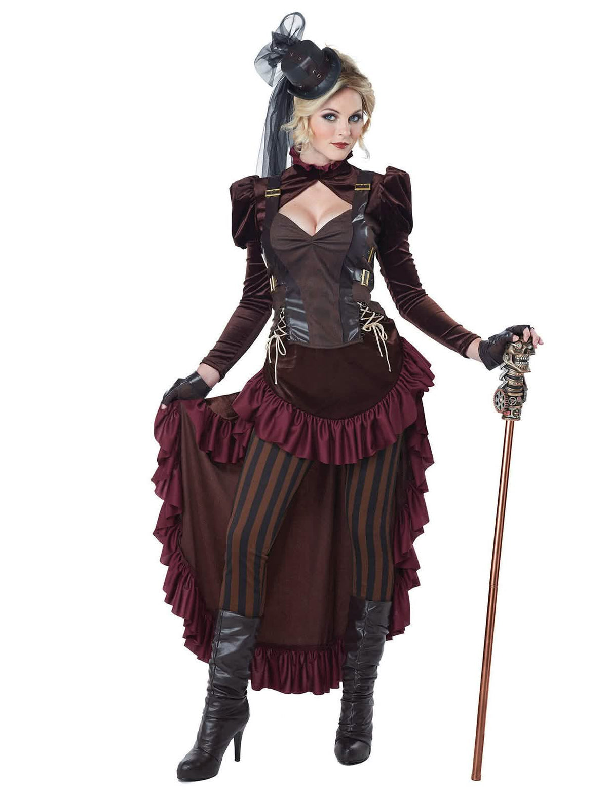 Steampunk seksi kostum za žensko rjava in bordo z mini cilindrom