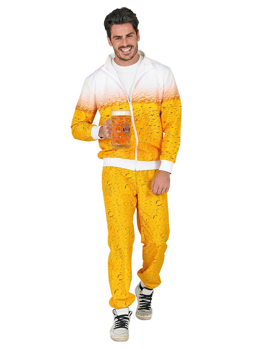Déguisement de survêtement bière pour adulte jaune et blanc avec imprimé mousse