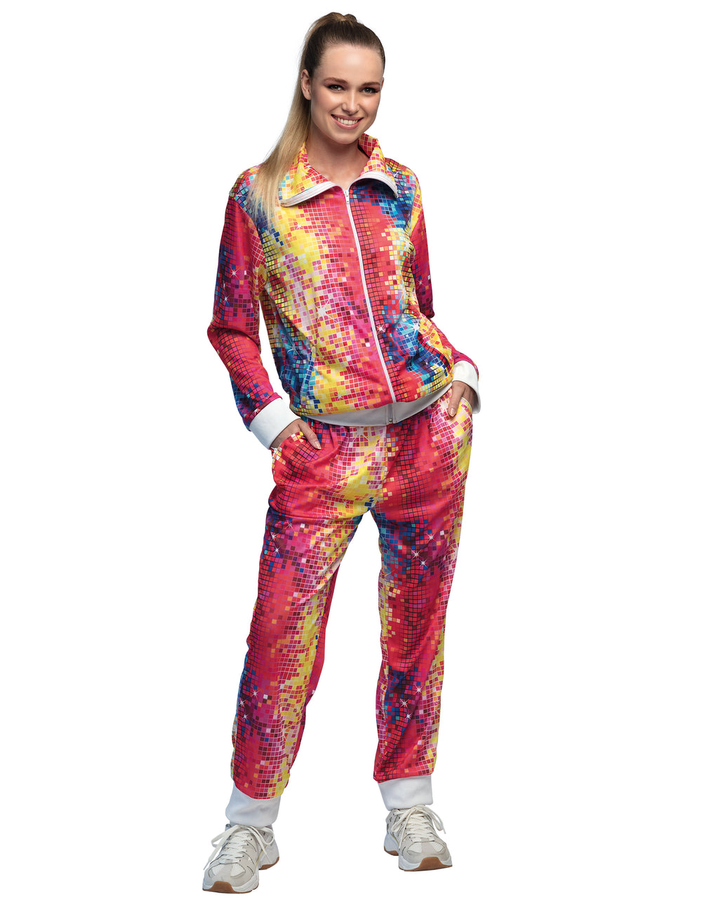 Déguisement survêtement disco pour femme coloré à motifs mosaïque multicolores