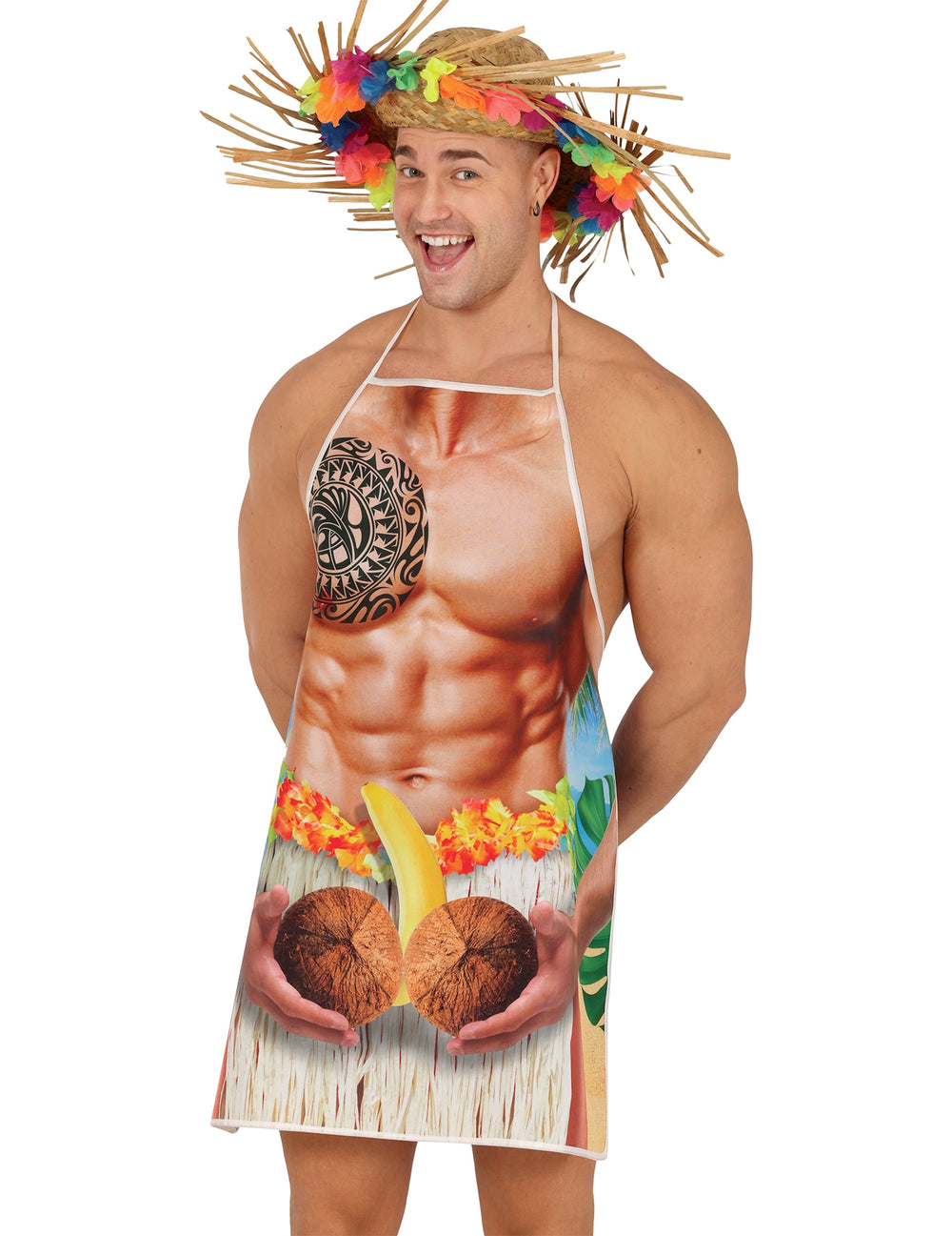 Déguisement tablier hawaïen pour adulte avec motif torse musclé noix de coco et banane