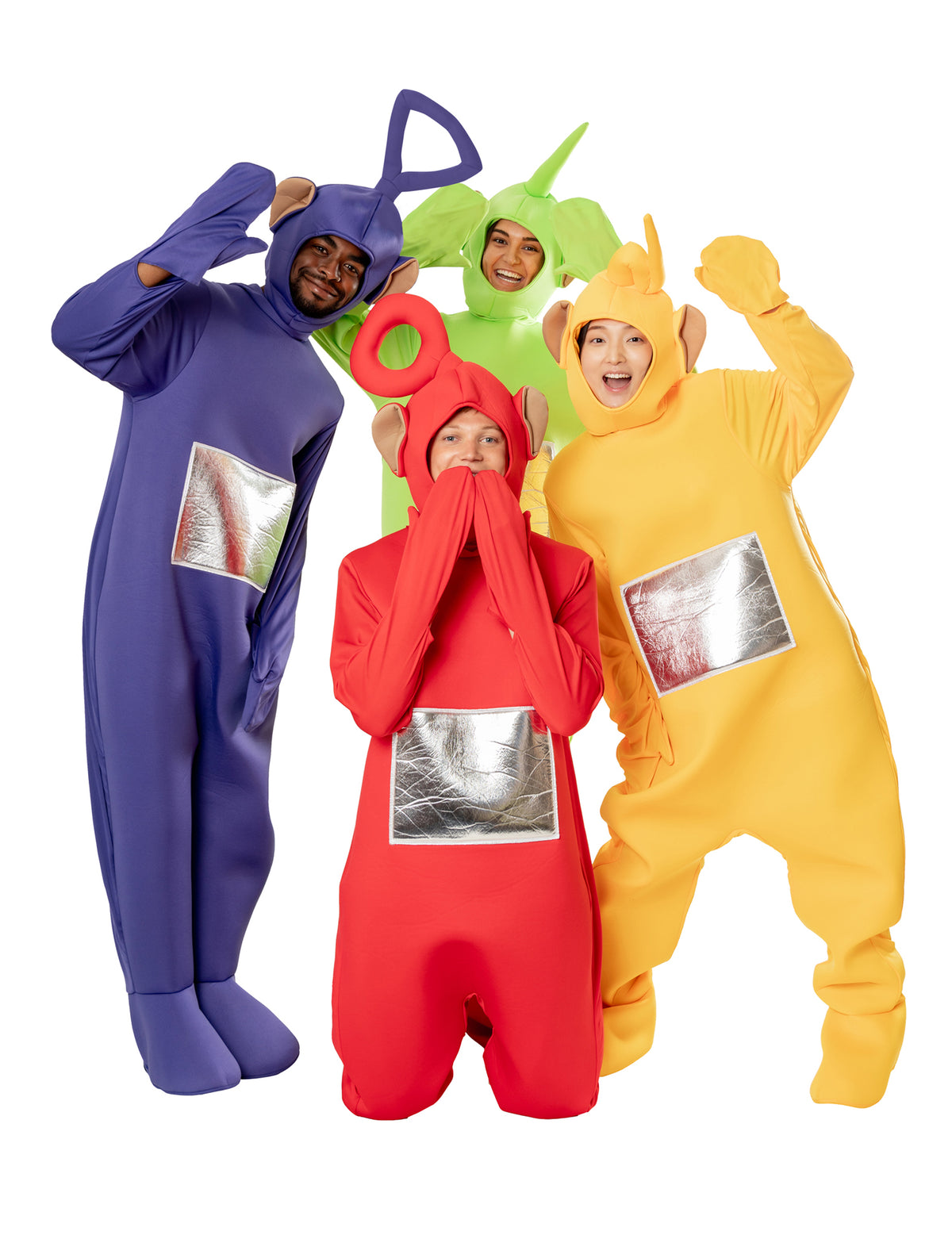 Vue de groupe des quatre personnages du déguisement Teletubbies Tinky Winky pour adulte