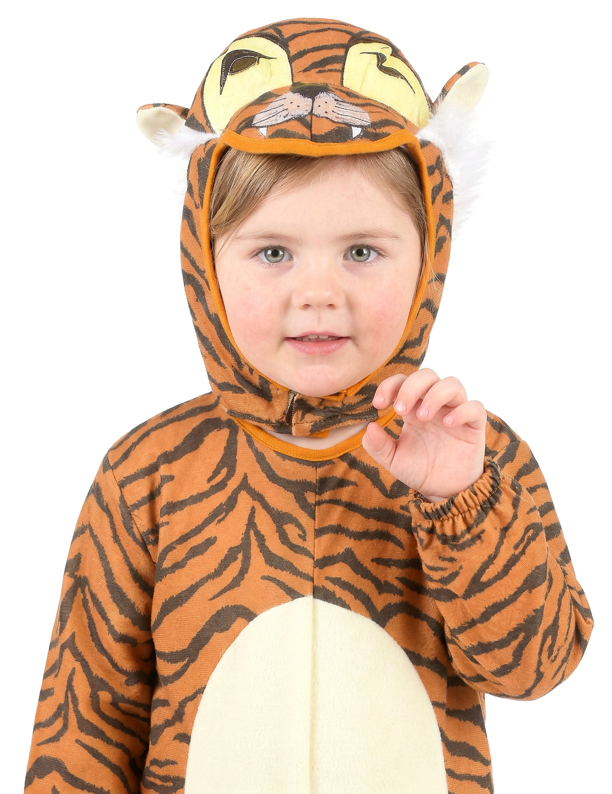 Gros plan sur la capuche du déguisement tigre avec queue pour enfant