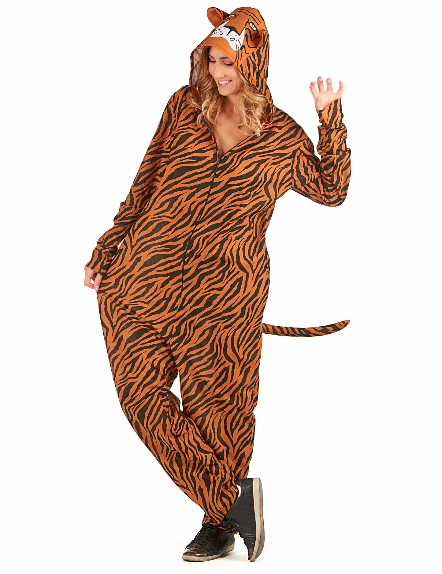 Déguisement tigre pour femme orange et noir rayé avec capuche et queue