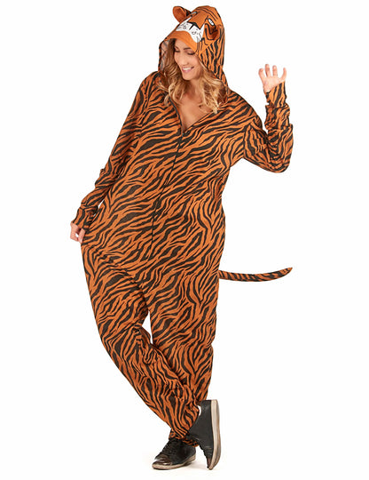 Déguisement tigre pour femme orange et noir rayé avec capuche et queue