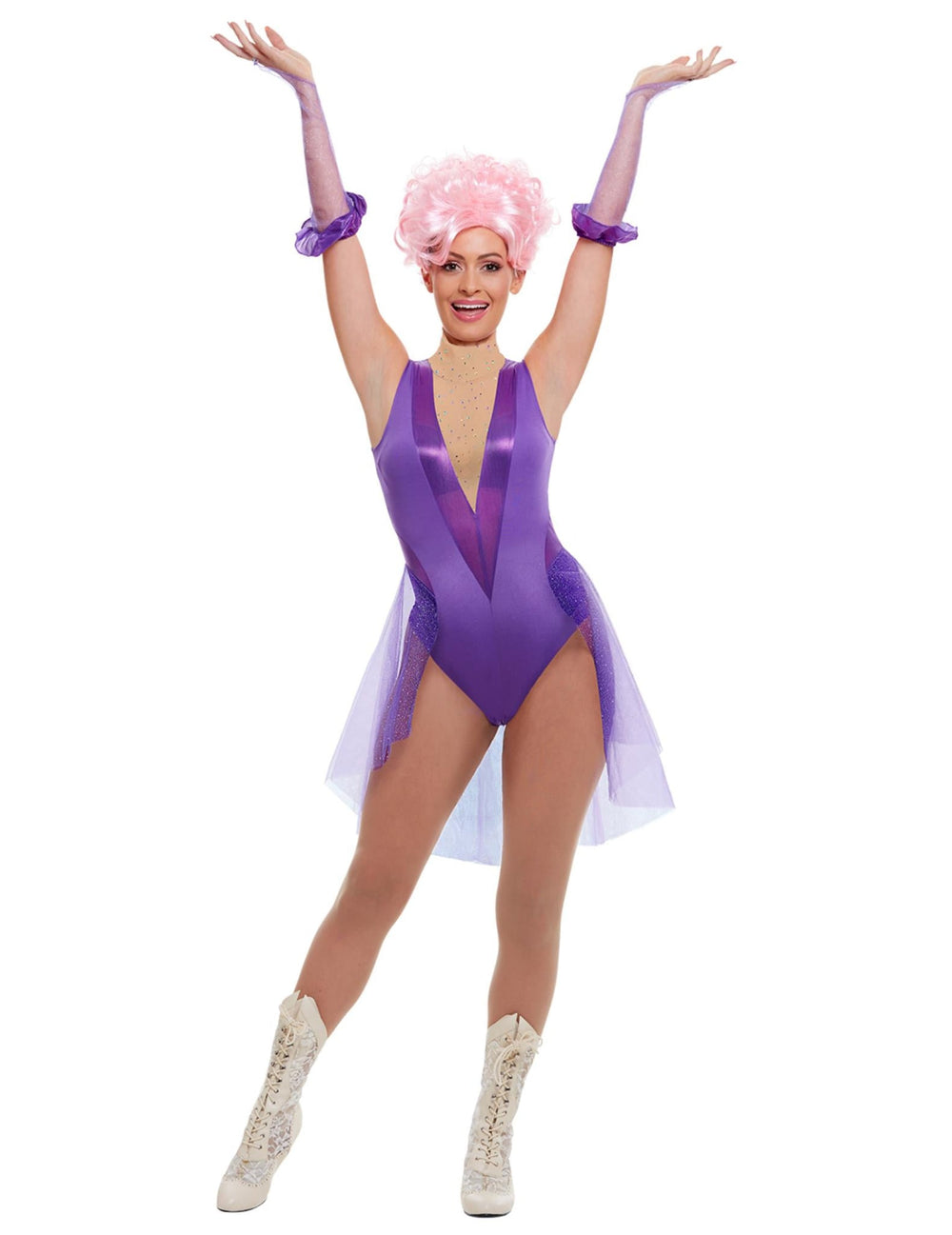Déguisement de trapéziste de cirque pour femme violet avec body et voiles transparents
