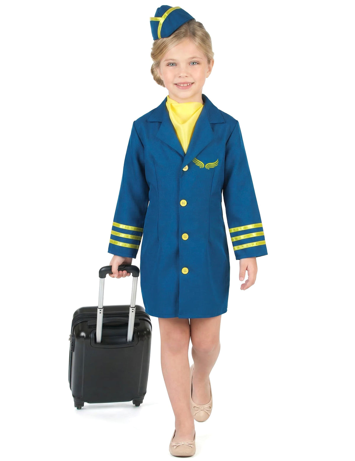 Vue de face avec valise du déguisement uniforme hôtesse de l'air