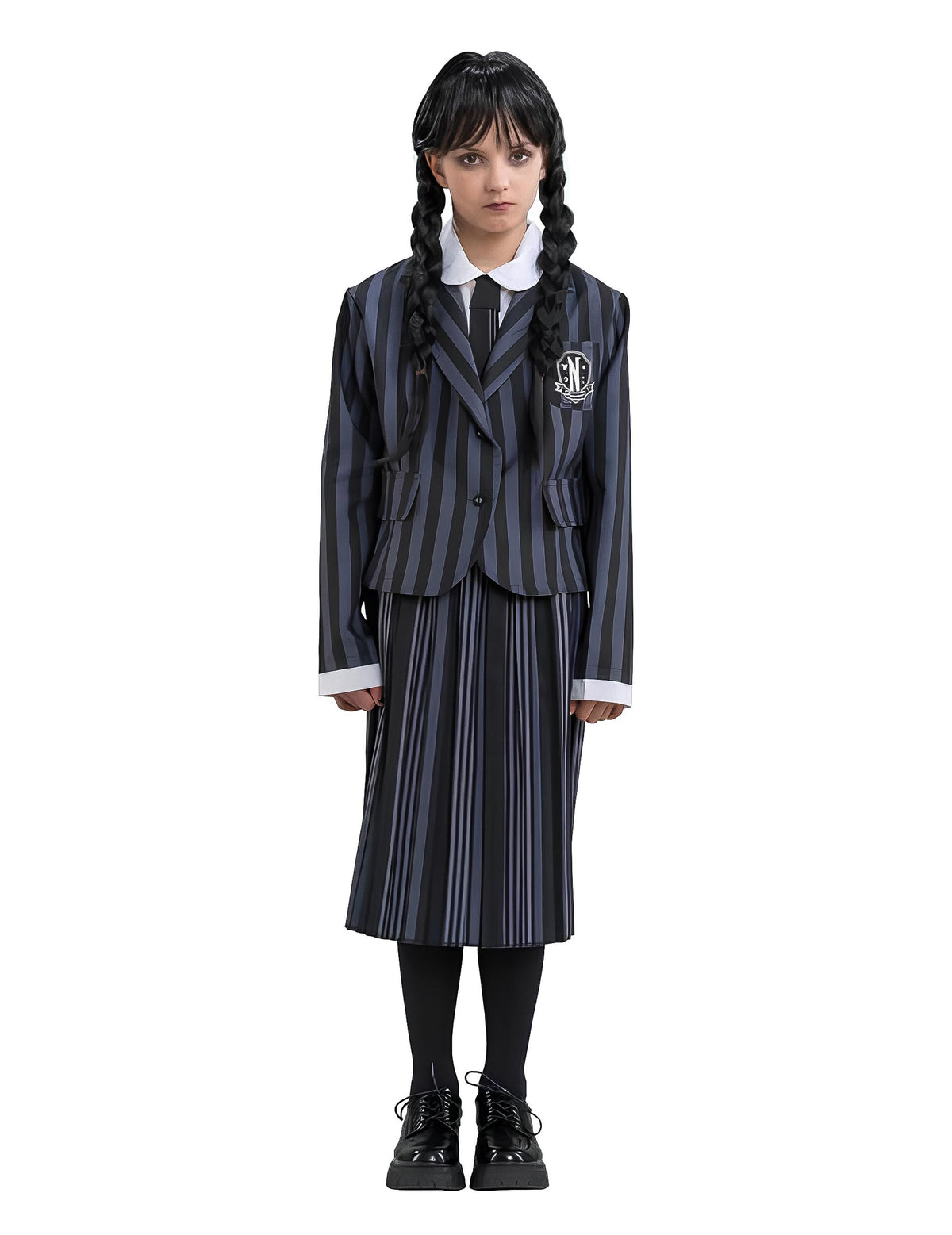Déguisement uniforme Mercredi Addams Wednesday™ pour enfant noir et gris à rayures