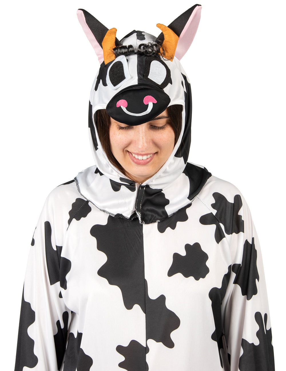 Détail de la tête de vache sur la capuche du déguisement de vache pour adulte