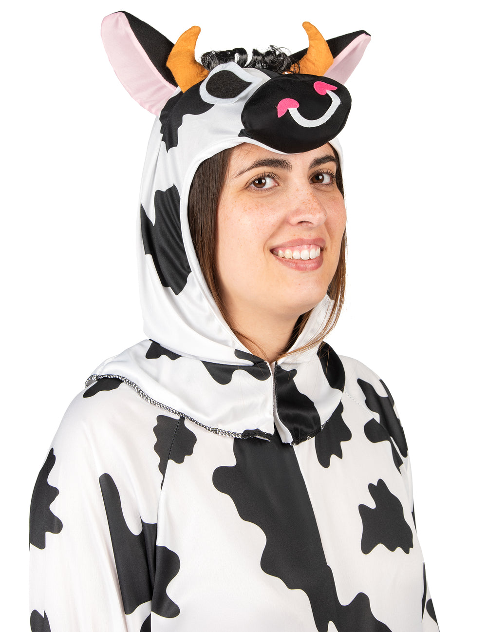 Gros plan sur la capuche du déguisement de vache pour adulte