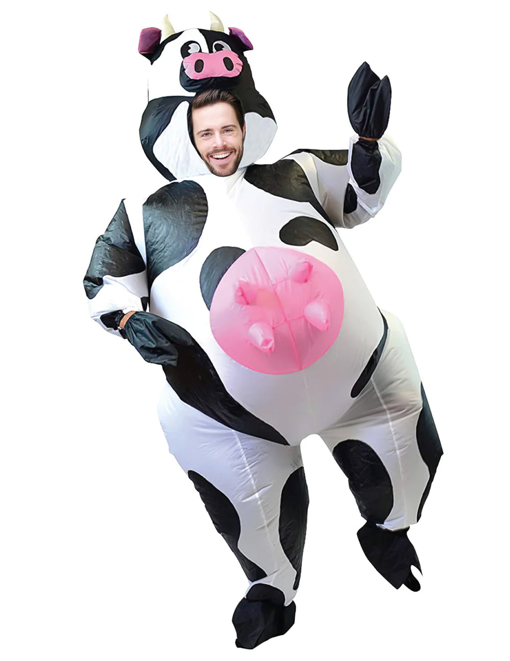 Déguisement gonflable vache humoristique pour adulte noir et blanc avec pie rose