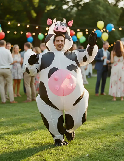 Vue en action lors d'une fête en plein air du déguisement gonflable vache humoristique