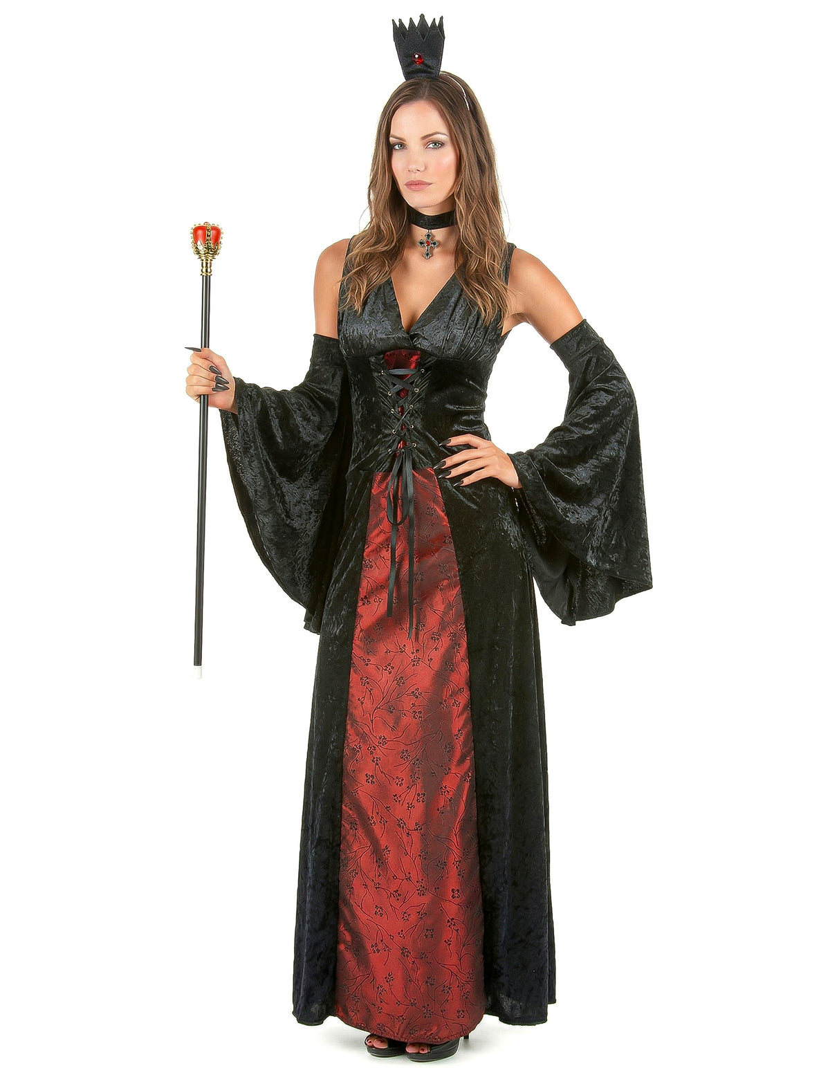 Déguisement vampire chic pour femme noir et rouge avec couronne et sceptre