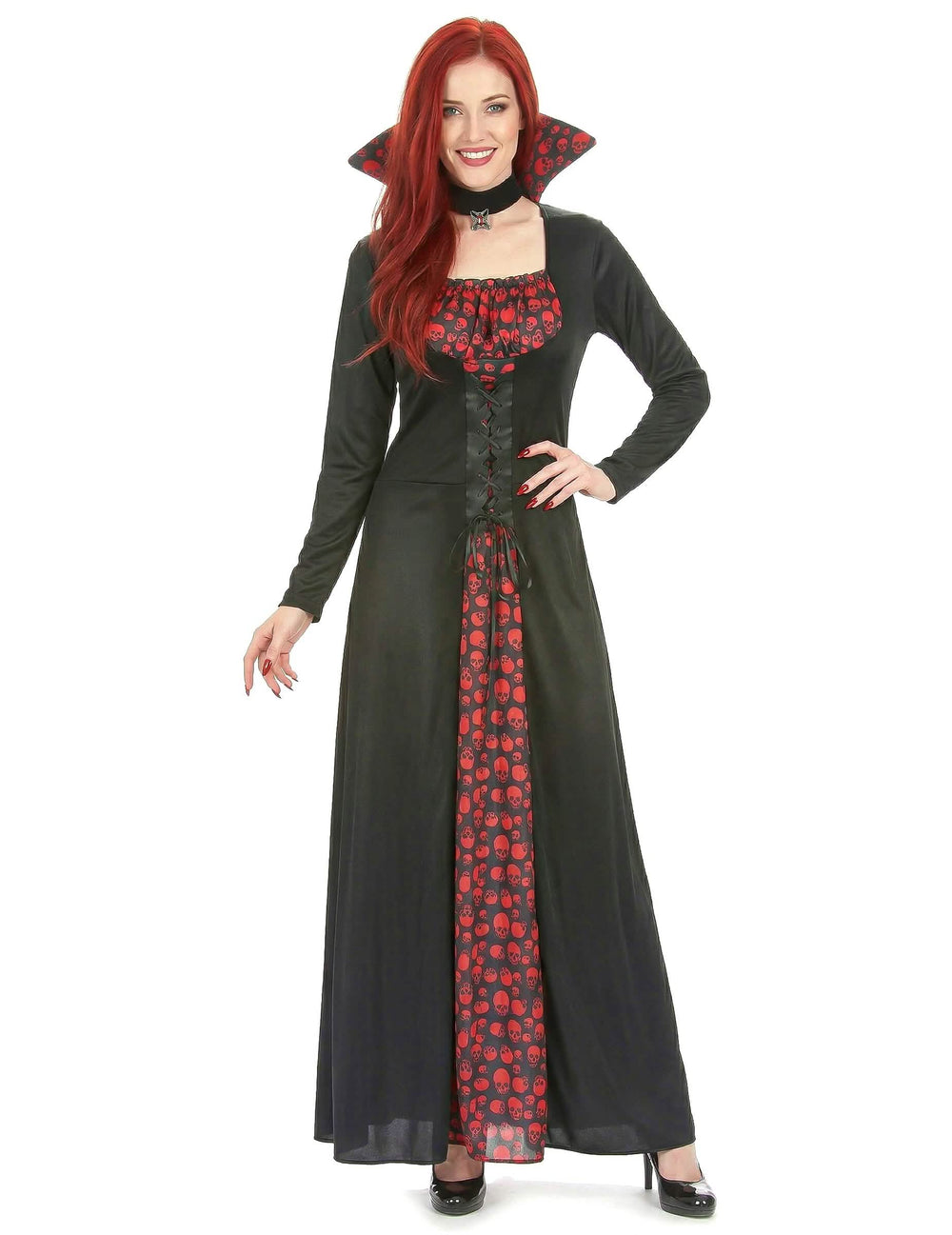 Elegantna vampirska preoblačila za žensko črna in rdeča z vzorcem lobanj