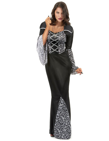 Črna vampirska kostum za ženske z baročnimi srebrnimi vzorci