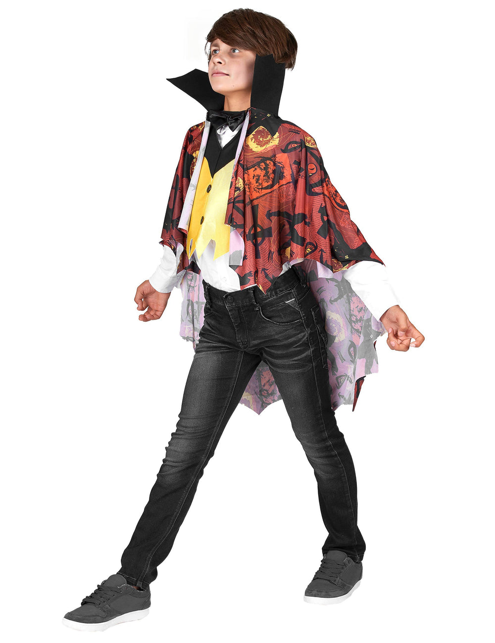 Vue de profil du déguisement de vampire pour garçon jaune et rouge Halloween