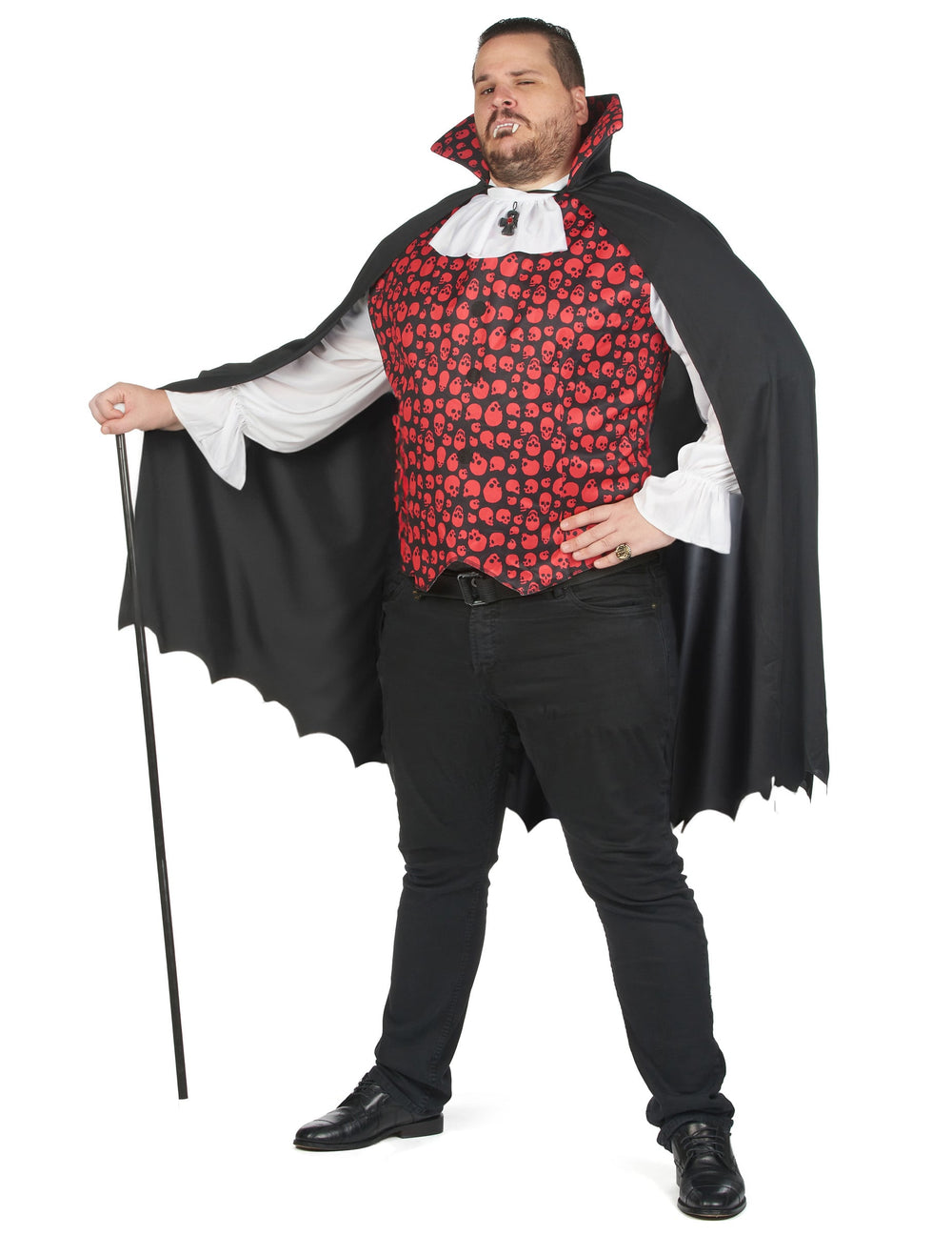 Déguisement de vampire pour homme grande taille noir et rouge avec gilet à motifs têtes de mort