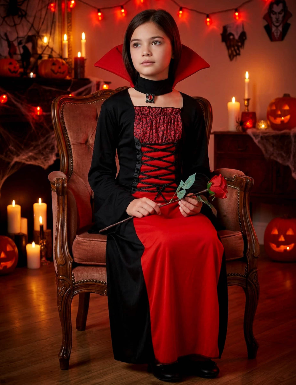 Postavitev z roza dolgim vampirskim kostumom za dekle