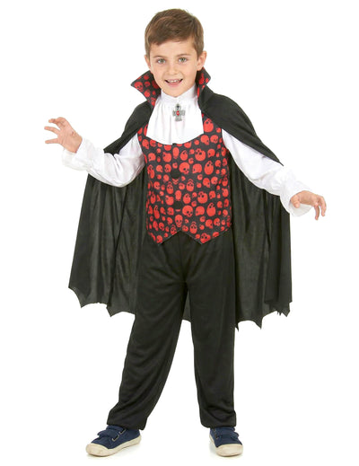 Déguisement de vampire pour garçon rouge avec gilet à motifs têtes de mort et cape noire