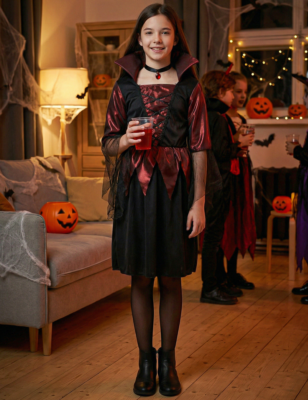 Mise en situation du déguisement vampire satiné pour fille