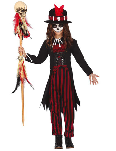 Déguisement vaudoo mystique pour fille noir et rouge avec chapeau et sceptre crâne