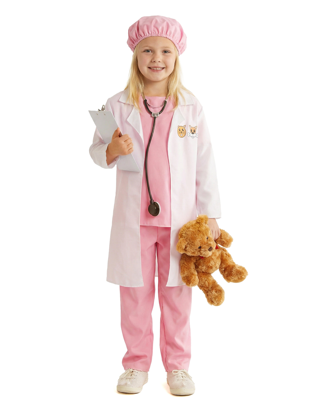 Déguisement de vétérinaire pour fille rose avec blouse blanche et accessoires