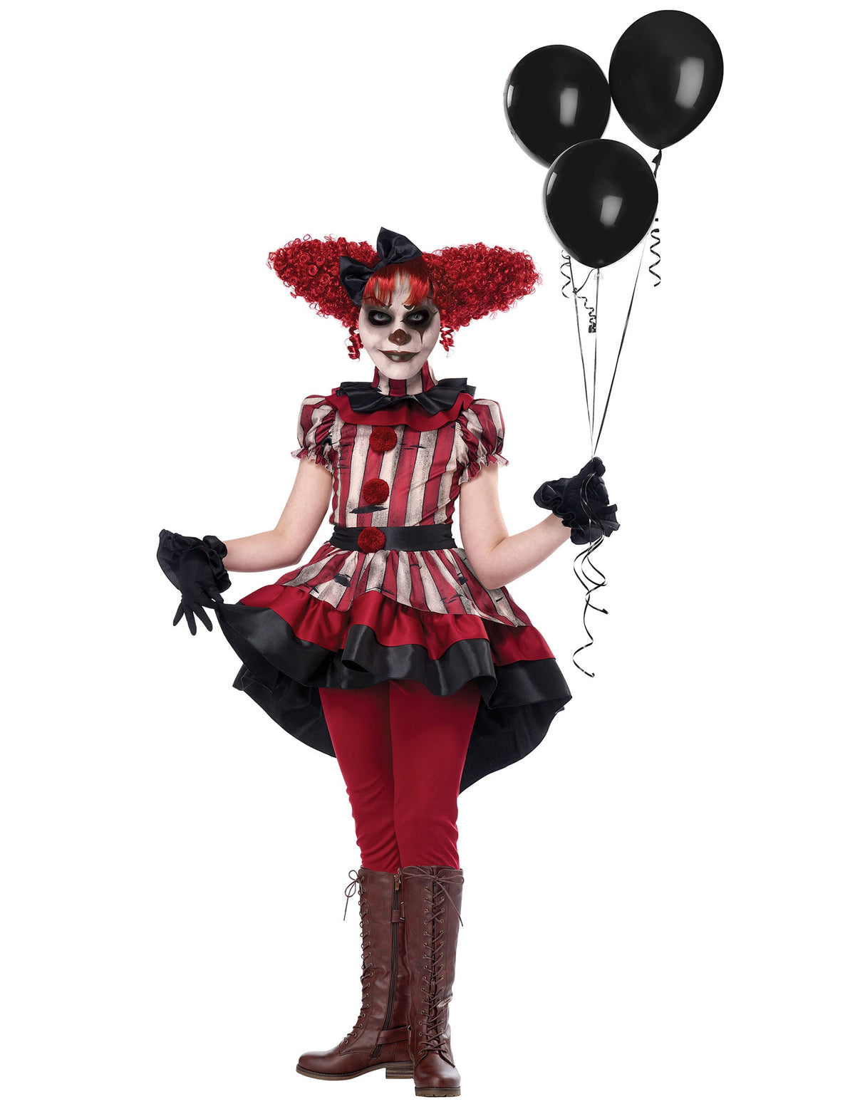 Déguisement de vilain clown luxe pour fille rouge et noir à rayures avec ballons noirs