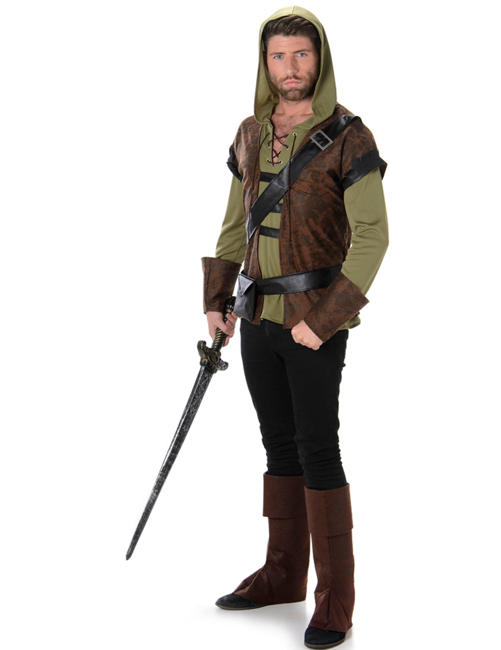 Déguisement de voleur des bois pour homme vert et marron avec capuche