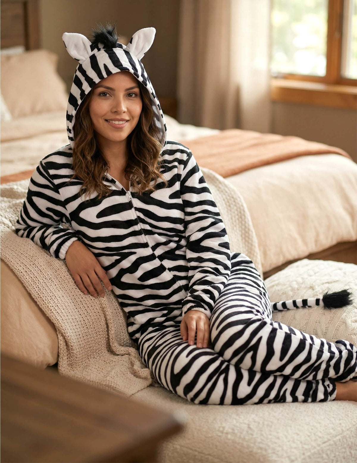 Sedeč pogled na kostum zebra za ženska