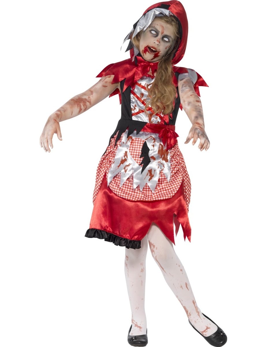 Déguisement de chaperon rouge zombie pour fille rouge et noir ensanglanté avec capuche
