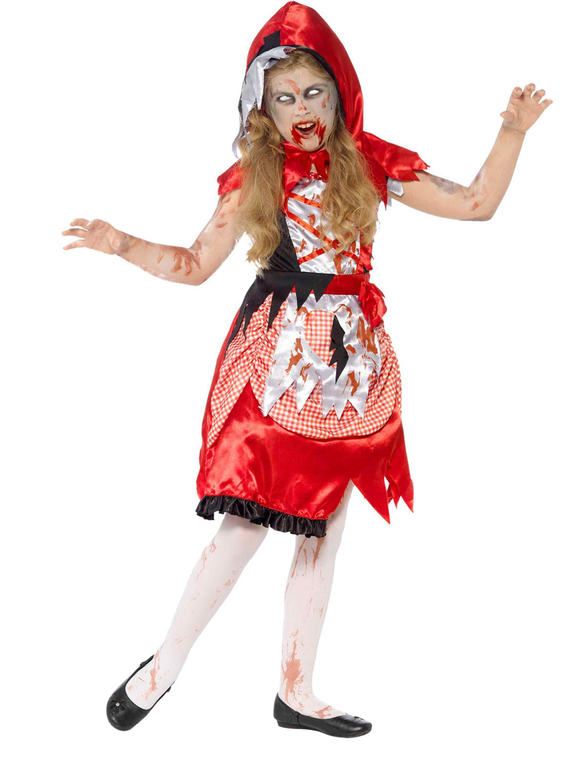 Vue de face du déguisement de chaperon rouge zombie pour fille