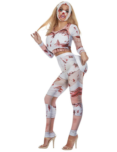 Déguisement de zombie chirurgie esthétique pour femme blanc et ensanglanté
