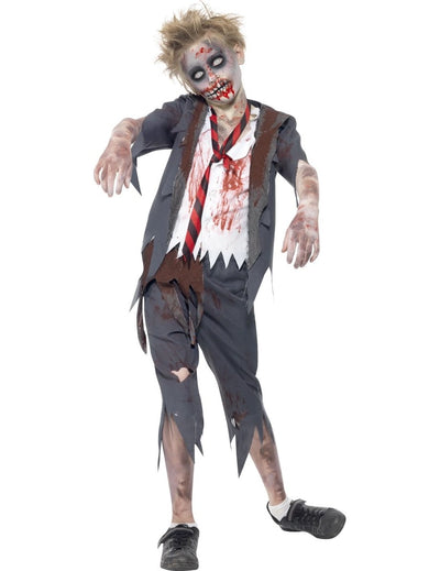Déguisement de zombie écolier pour garçon gris et blanc ensanglanté