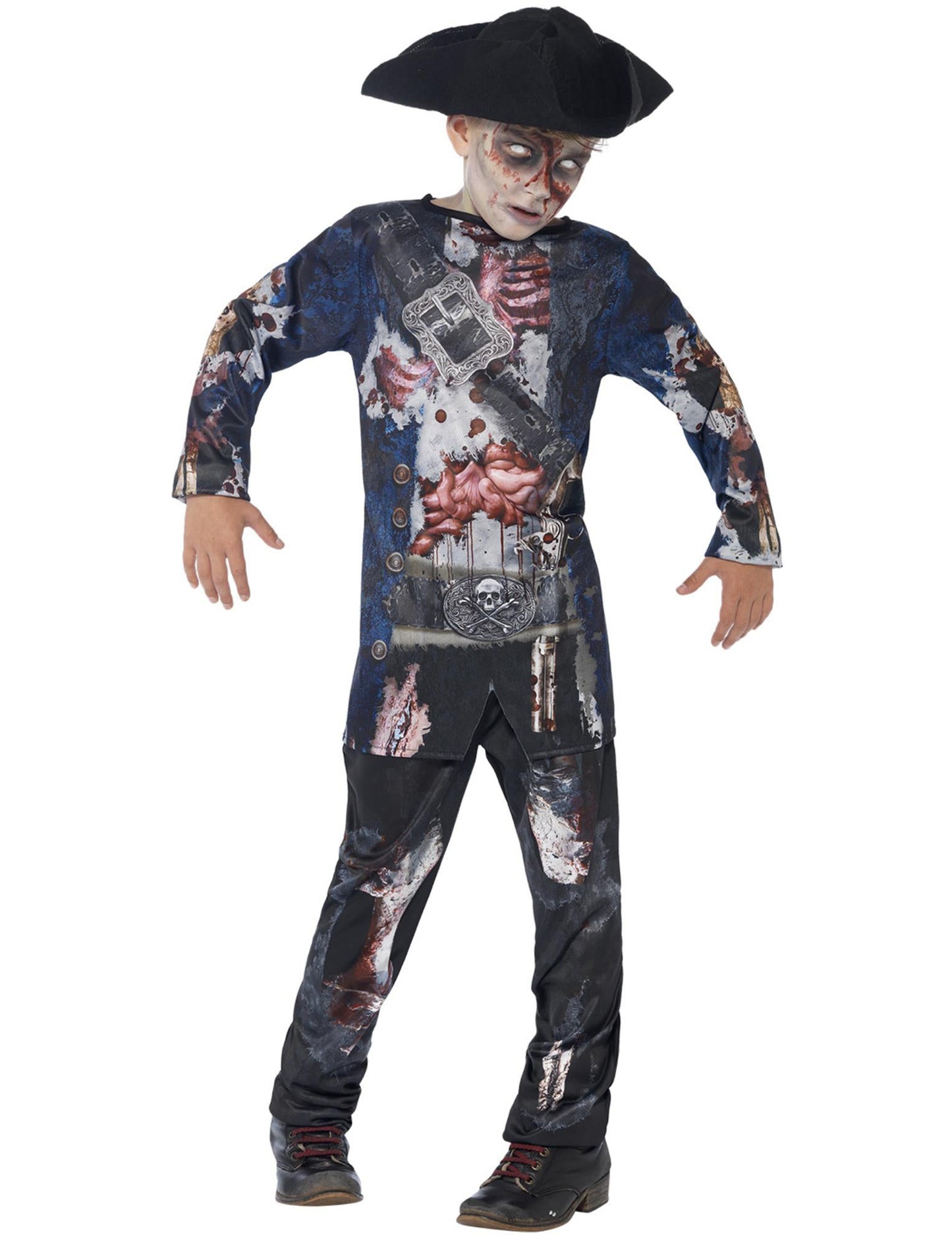 Pogled spredaj na piratski zombijski kostum za fante