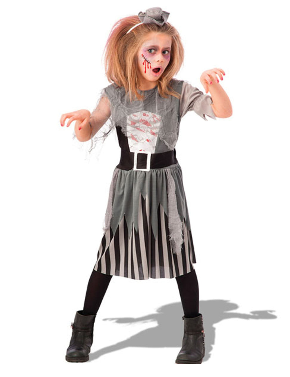 Déguisement de zombie pirate pour fille gris avec jupe à rayures