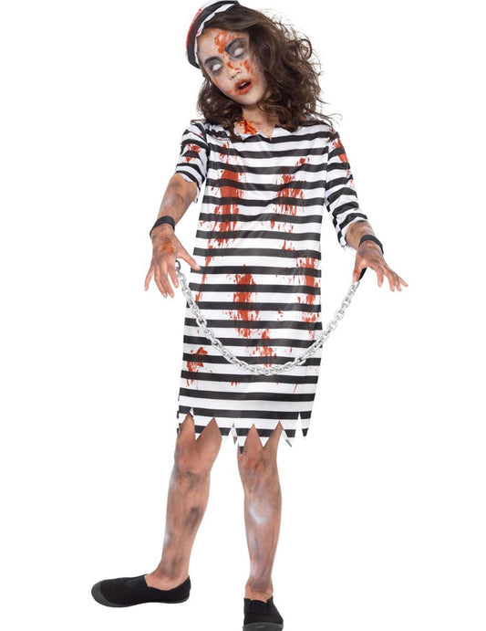 Déguisement de prisonnière enchaînée zombie pour fille noir et blanc ensanglanté