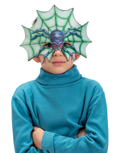 Demi masque araignée pour enfant vert et bleu avec toile