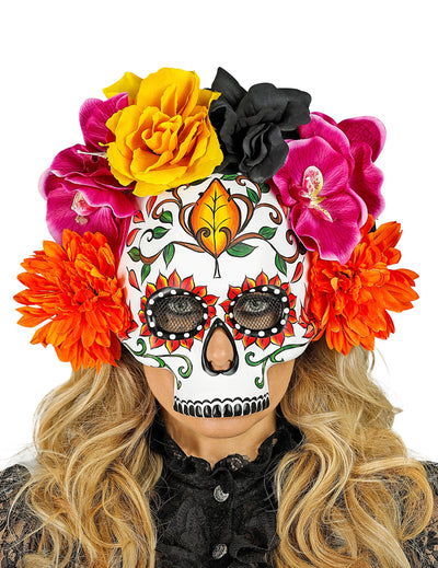 Demi masque crâne avec fleurs colorées pour adulte blanc et multicolore