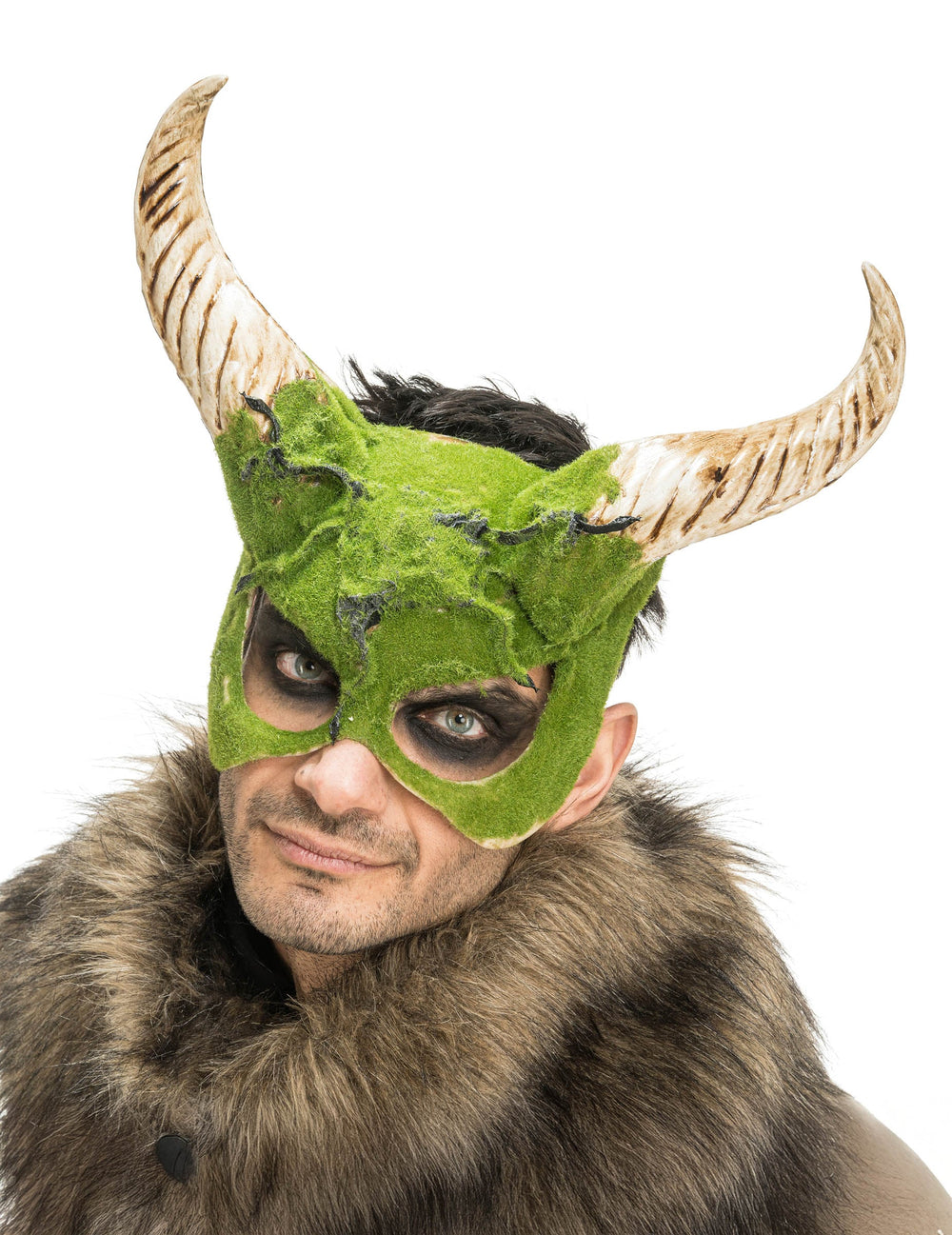 Demi masque de Bête à cornes pour adulte vert avec effet mousse